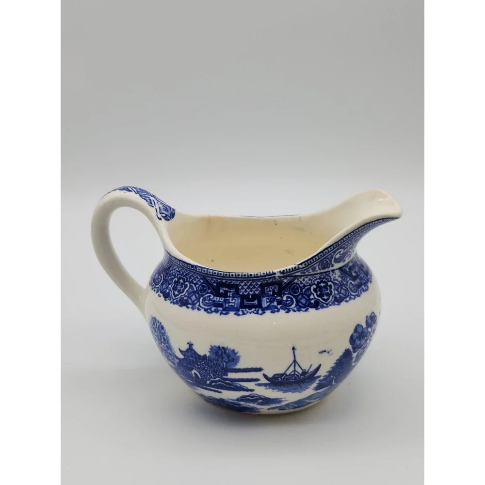 Vintage Blue Willow Creamer White Blue Birds Unmarked Ceramic